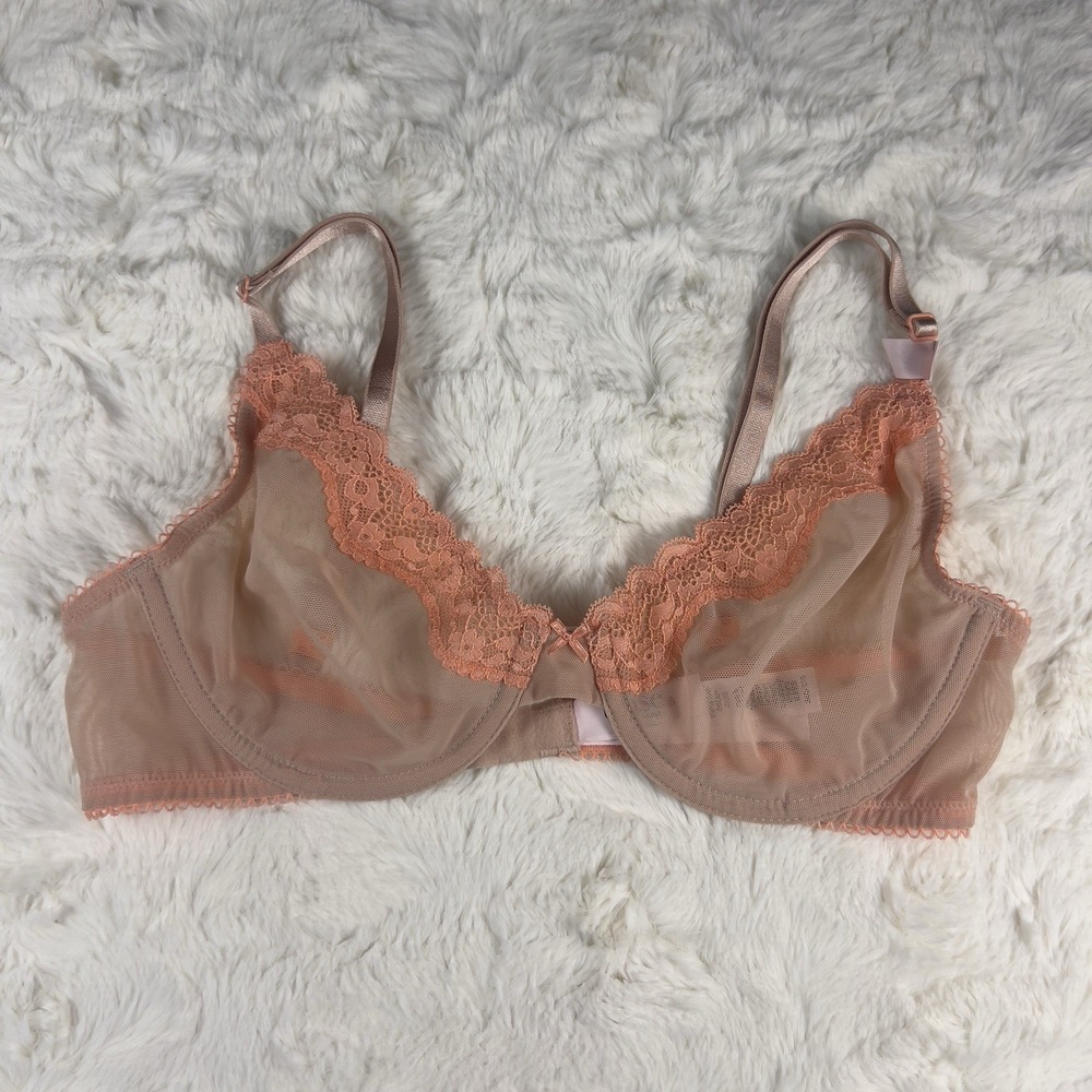 Victoria's Secret Tease Unlined Demi Bra Nude Sheer Mesh Salmon Lace 32C